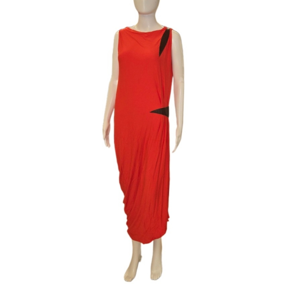 JOLABY (UK Brand) Side-Ruched Asymmetrical Red Maxi Dress Brown Leather Accents